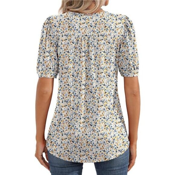 Women's Puff Short Sleeve Tunic Tops Pleated Crew Neck Blouses Casual Loose - Picture 2 of 7